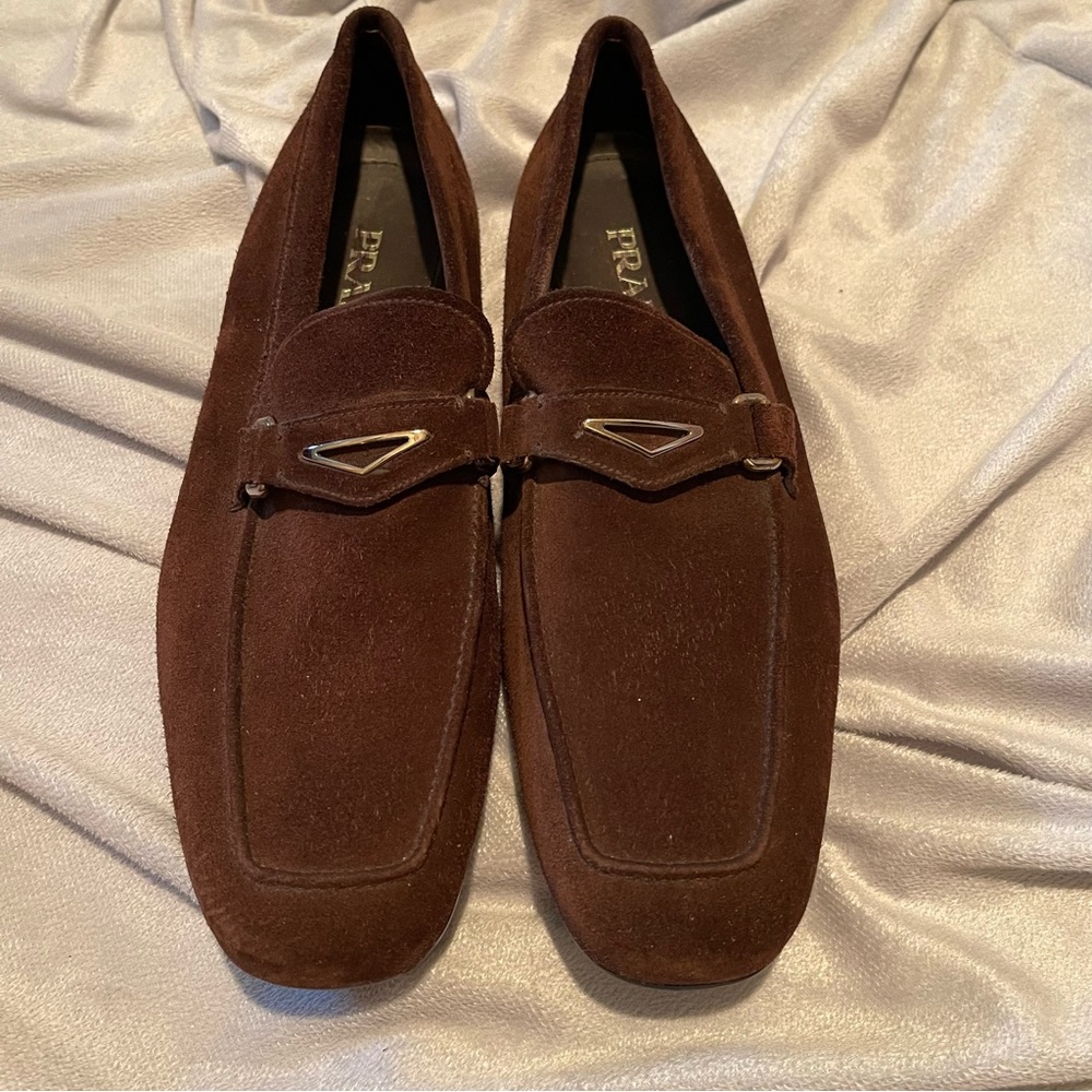 Prada men chocolate suede slip on heeled casual to dressy loafers, size 11